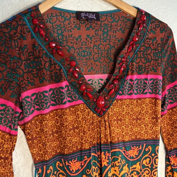 Hale Bob Silk Dress Pink Boho Jewels V Neck Beach Tropical Aztec Colorful Fall - Picture 3 of 7